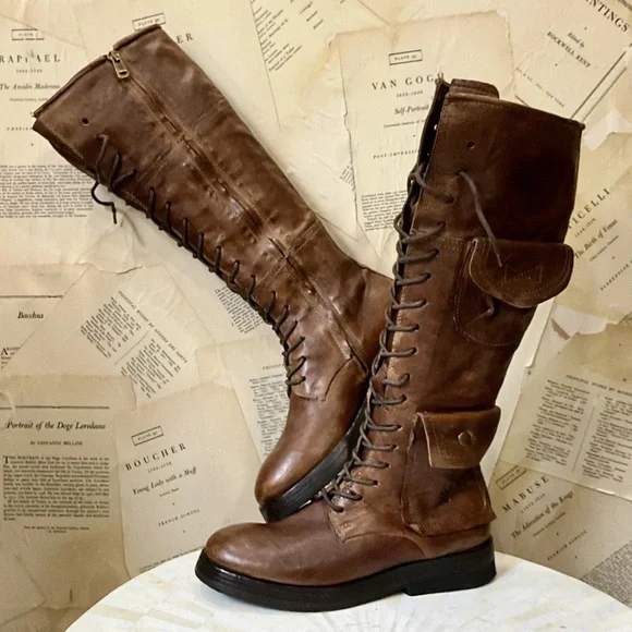 Free People A.S.98 Elisa Tall Lace Boot Fondente Brown Distress Leather - Picture 2 of 12